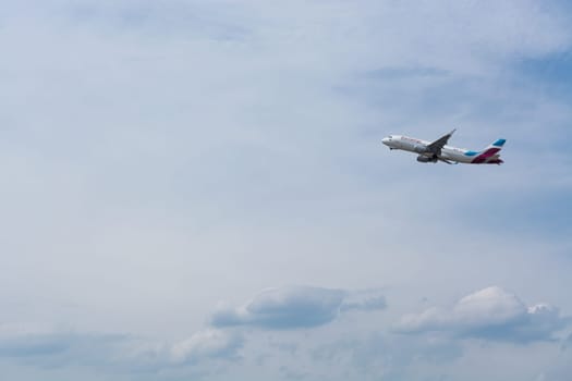 DUSSELDORF, NRW, GERMANY - JUNE 18, 2019:.Eurowing plane takes off from Dusseldorf International Airport.