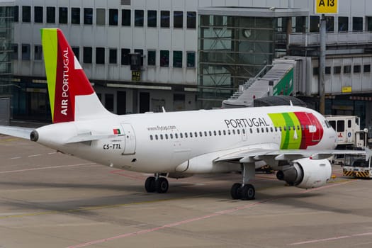 DUESSELDORF, NRW, GERMANY - JUNE 18, 2019:.Airplane of Portugal Air at the international airport in Dusseldorf.