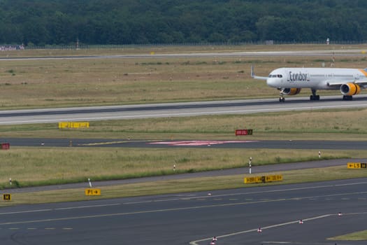 DUESSELDORF, NRW, GERMANY - JUNE 18, 2019:.Condor airplane at Dusseldorf International Airport.