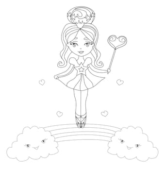 fairy stands on a rainbow - isolated illustration, coloring book