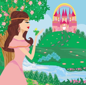 Beautiful young princess holding a big frog