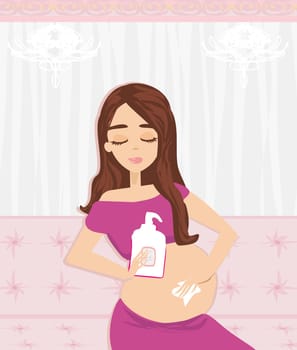 Pregnant woman lubricates the stomach remedy against stretch marks