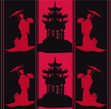 pattern with geisha and traditional asian building