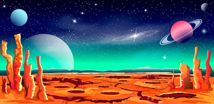 Space background. Surface of the planet. Shining stars and planets. Stellar nebula. A distant galaxy. Night starry sky.