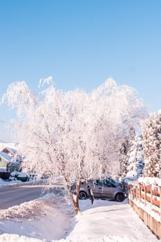 Small streets in town covered in snow