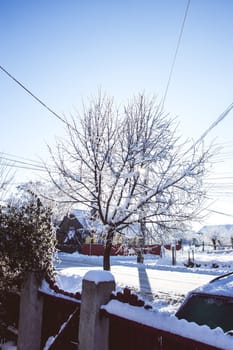 Small streets in town covered in snow
