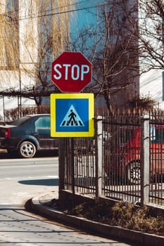 Traffic signs in Romania. Sunny day. Close up
