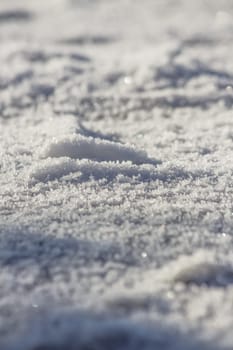 Close up of snow particles and flakes. Winter snow background
