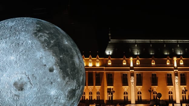 Palace of Culture in Iasi, Romania during the night and a big moon