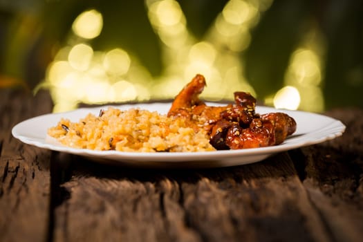 Delicious rice with chicken sauce, selective focus