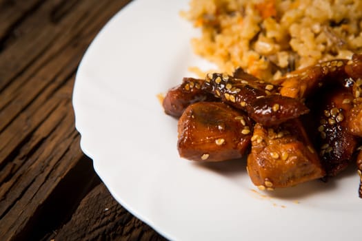 Delicious rice with chicken sauce, selective focus