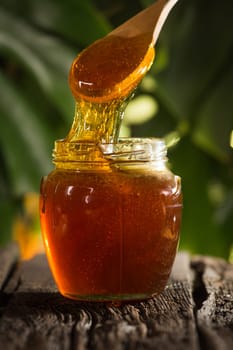 Close-up shot of flowing honey over green background