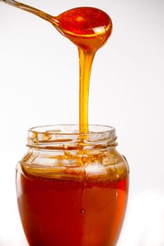 glass of fresh honey on white background