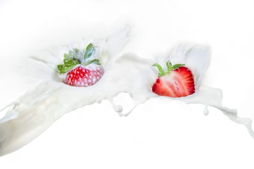 Strawberry falling into splashing milk. Isolated on white.