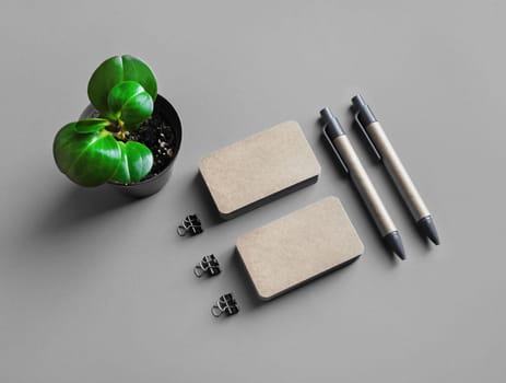 Blank kraft stationery set on gray paper background. Branding mock up.
