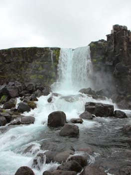 Waterfall at Thingvellir Iceland Rock Wall Cloudy Sky