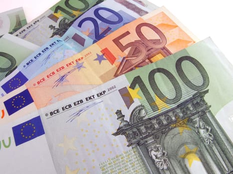 euro bills over white background