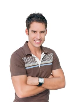 Young handsome male model smiling. isolated over white background