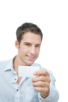 Smiling man showing blank card in his hand