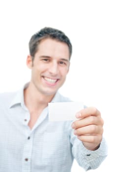 Smiling man showing blank card in his hand