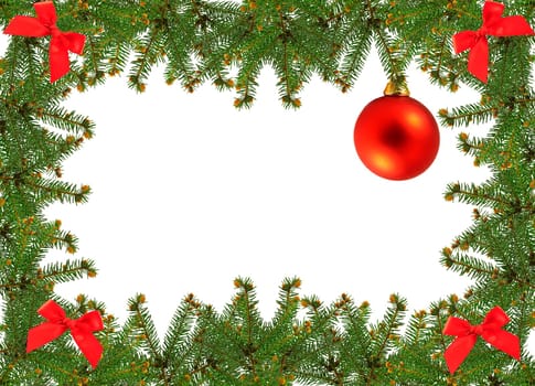 frame of pine branches and christmas ornament