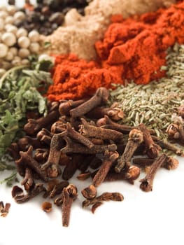 closeup of various spices over white