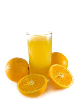 orange juice and few oranges isolated over white