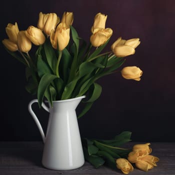 Tulips in a jug. Classic still life with a bouquet of yellow tulip flowers in a vintage white jug on a dark background and an old wooden table. Art photography.
