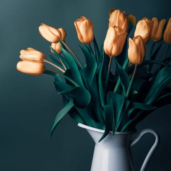 Tulips in a jug. Classic still life with a bouquet of delicate tulip flowers in a vintage white jug on a green background and an old wooden table. Art photography.