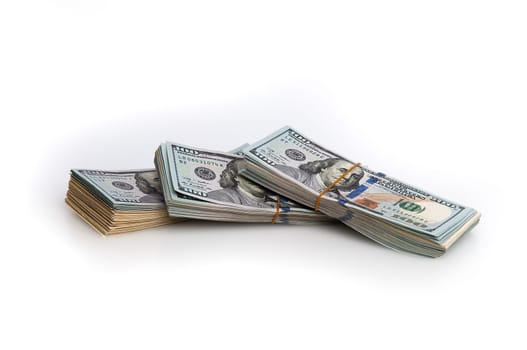 Bundles of packaged dollars on a white background. Place for logo, lettering, layout, mockup.