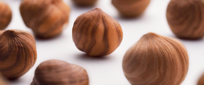 Hazelnuts scattered on a white background, whole, selective focus. The concept of healthy eating.