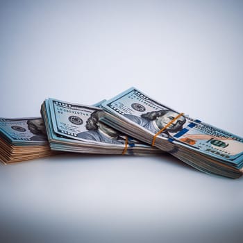 Bundles of packaged dollars on a white background. Place for logo, lettering, layout, mockup. Style blue color and vignetting.