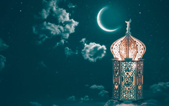Ornamental Arabic lantern with crescent moon glowing at night. Festive greeting card for Muslim holy month Ramadan Kareem.