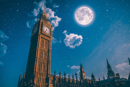 Close up of the clock face of Big Ben in Westminster at night, London, UK