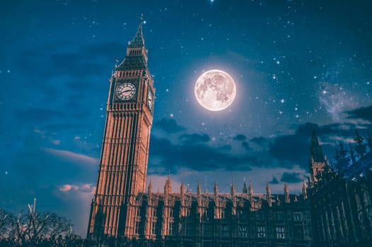Close up of the clock face of Big Ben in Westminster at night, London, UK