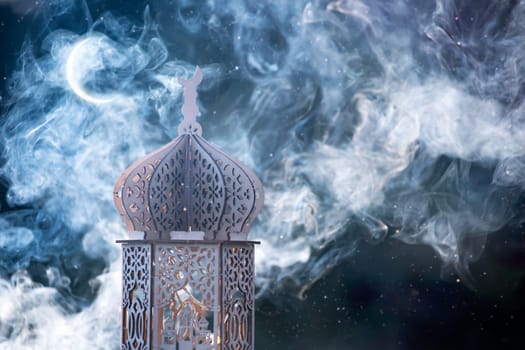 Ornamental Arabic lantern with smoke. Festive greeting card for Muslim holy month Ramadan Kareem.