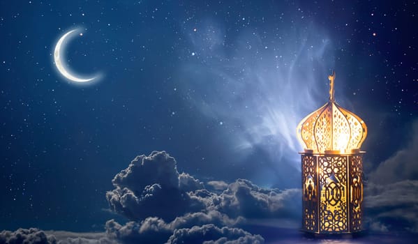 Ornamental Arabic lantern with crescent moon glowing at night. Festive greeting card for Muslim holy month Ramadan Kareem.