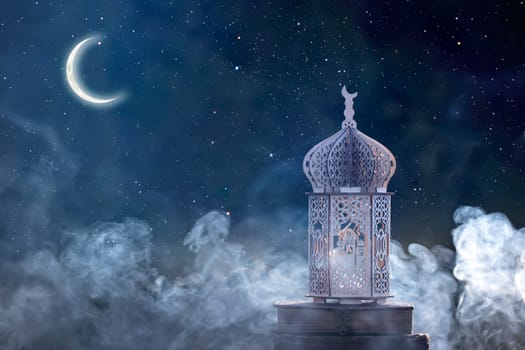 Arabic lantern with with Holy Quran and crescent moon. Festive greeting card for Muslim holy month Ramadan Kareem.