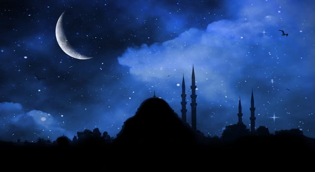 Ramadan Kareem background. Mosque silhouette in night sky with crescent moon and star