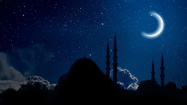 Ramadan Kareem background. Mosque silhouette in night sky with crescent moon and star