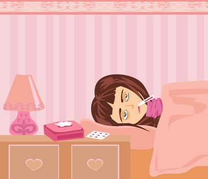 Illustration of a Sick Girl lying in bed