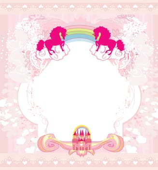 Beautiful unicorn and fairy-tale princess castle frame