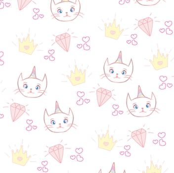 little cute white cat unicorn - seamless pattern