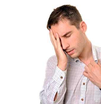 young businessman under stress isolated over white