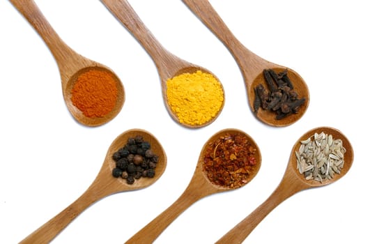 Various of spices in wooden spoon isolated over white