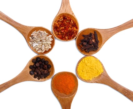Various of spices in wooden spoon isolated over white