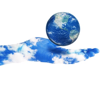 Planet Earth in hand painted with sky