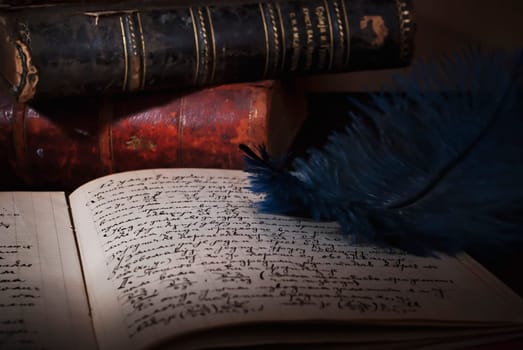 Feather, old books and manuscript on the table