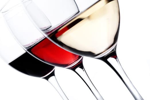Three glass of wine over white background