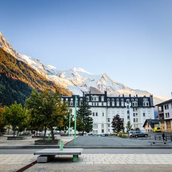 Chamonix, France, September 24, 2015: Alpine Museum in Chamonix with the Alps in the backdrop